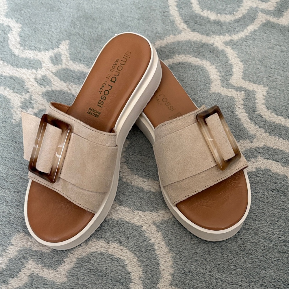 Simona Rossi Beige Suede Slide Sandals with Buckle